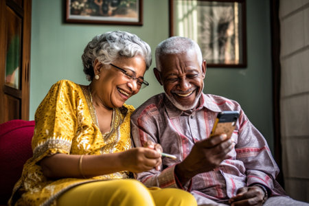 Happy Elderly man and woman are sitting on the sofa with a smartphone. An elderly couple is making a video call to children using a smartphone with internet.Generative Aの素材