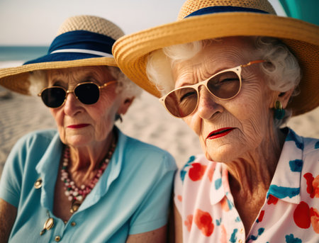 Beautiful grandmothers on the beach in hats with cocktails .Generative AIの素材