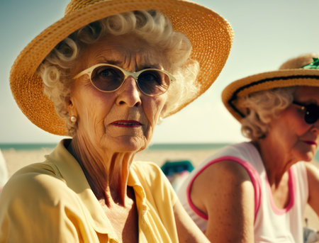 Beautiful grandmothers on the beach in hats with cocktails .Generative AIの素材