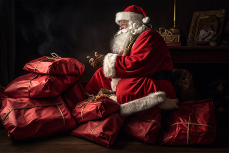 Santa Claus is sitting next to a mountain of Christmas gifts, waiting for the sleigh. New Year and Christmas concept. Generative AIの素材