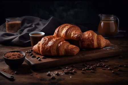 Board with delicious croissants on a dark wooden table, close-up. french pastries.generative AIの素材