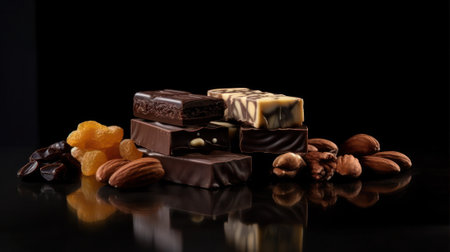 Heap of broken chocolate sprinkled on a dark background. chocolate Day. Generative AIの素材