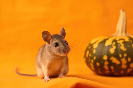 a little gray mouse sits next to a pumpkin on a yellow background .Halloween ,copy space.Generative AIの素材