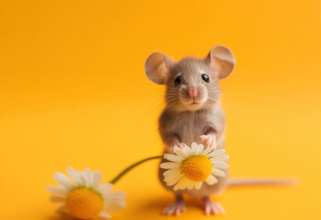 mouse with daisies on a yellow background. copy space. postcard .place for your text.Generative AIの素材