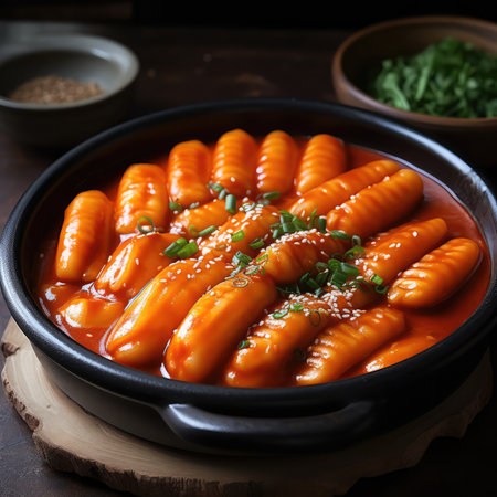 Tteokbokki or Topokki , stir fried rice cake stick, popular Korean street food with spicy gochujang sauce and sesame seed. Generative AIの素材