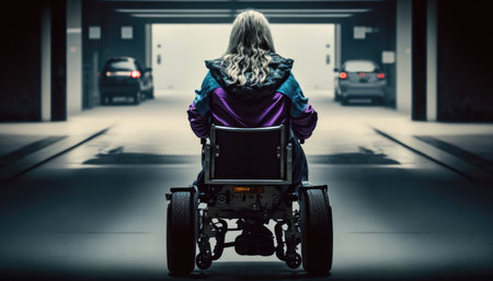 a disabled person in a motorized wheelchair rides on the road. concept of support for people with disabilities. generative AIの素材