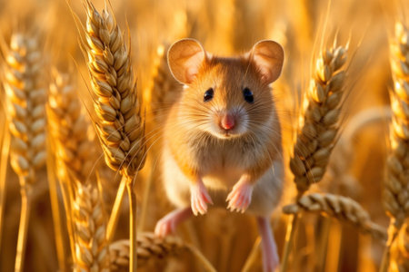 little mouse in a wheat field among spikelets on a sunny day. Generative AIの素材