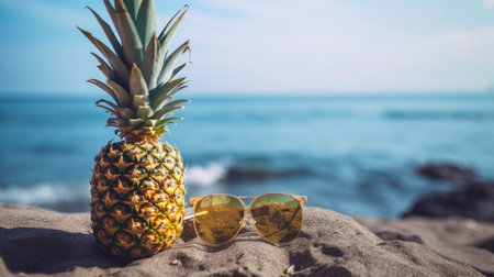 Pineapple in sunglasses against the backdrop of a tropical sea in summer. Generative AIの素材