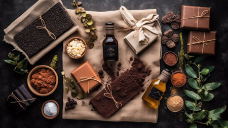 natural cosmetic. Spa skin care ingredients for chocolate wraps. Cocoa powder, chocolate, milk, cinnamon, clean and towels close-up on a dark background. Generative AIの素材