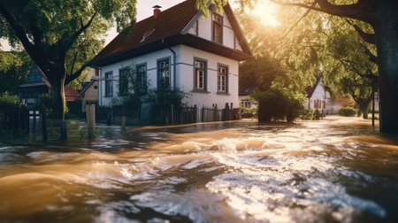 high water in the village.Flooding of houses and villages. Generative AIの素材