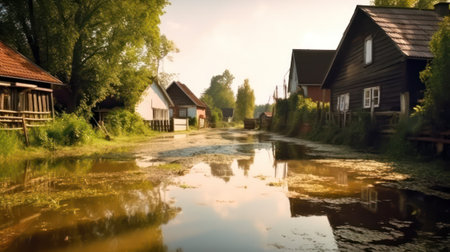 high water in the village.Flooding of houses and villages. Generative AIの素材