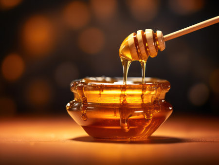 Honey drips from a honey dipper into a glass bowl. close-up. Healthy organic thick honey flowing down from a wooden honey spoon, close-up. on a dark background.advertising of honey.Generative AIの素材