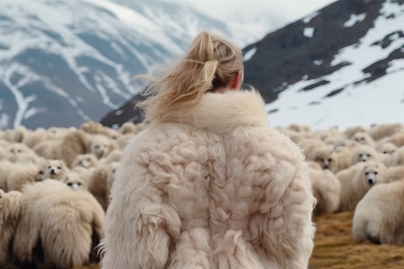 rear view. of a girl in an artificial fur coat against the background of animals in a meadow. the concept of animal protection. Generative AIの素材