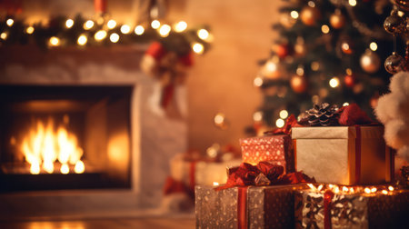 Christmas interior. magical glowing Christmas tree, fireplace and gifts . happy new year card. Generative AIの素材