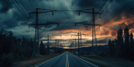High voltage power lines at sunset against a cloudy sky. Generative AIの素材