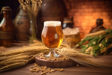 Mug of beer with wheat, barley and barrels on background. Still life. Copy space. Ai generated. Generative AIの素材