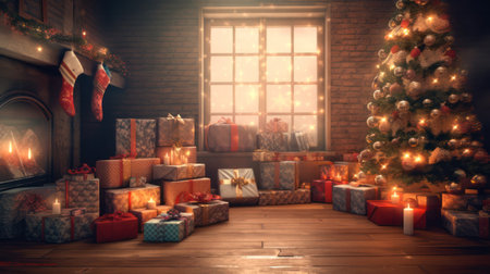 Christmas interior. magical glowing Christmas tree, fireplace and gifts . happy new year card. Generative AIの素材