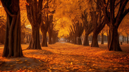 Rows of trees lining long empty park path or footpath in the autumn fall. Generative AIの素材