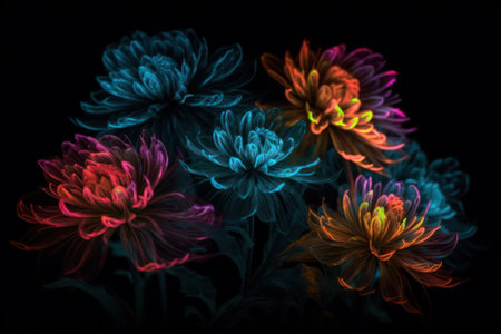 neon glowing flowers in colors on a black background. Bright abstract background perfect for any design. Generative AIの素材