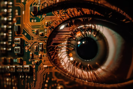 microchip in the pupil of the eye, artificial intelligence, electronic eye concept, global surveillance technologies, security of computer systems and networks. Generative AIの素材