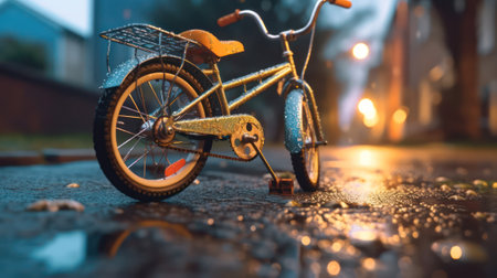 Close-up of a childrens bicycle on a city street. bicycle on the roadway without a child . life insurance and protection concept.Generative AIの素材