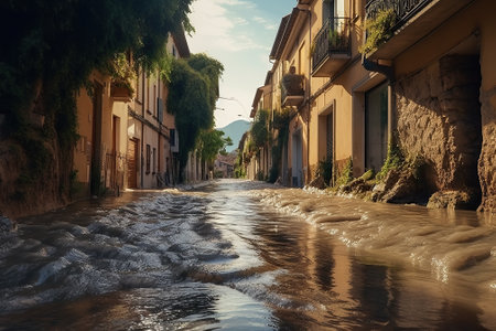 high water level on a city European street from a flood, after a downpour or an avalanche. The concept of natural disaster insurance and life and property insurance.Generative AIの素材