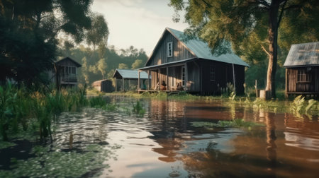 high water in the village.Flooding of houses and villages. Generative AIの素材