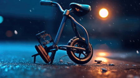 Close-up of a childrens bicycle accident on the city street.broken bike on the roadway.bicycle wheel after an accident on the road. life insurance and protection concept.Generative AIの素材