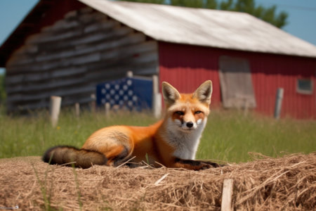a fox in search of food wanders around the farm near the chicken coop. Generative AIの素材