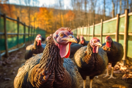 turkeys graze near the farm on a sunny day. Generative AIの素材