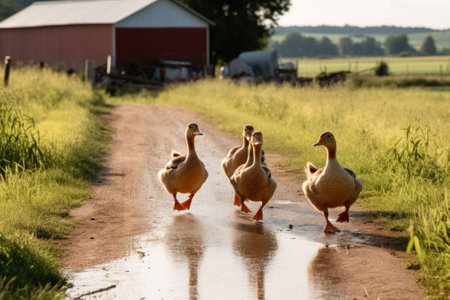 ducks and geese graze near the farm on a sunny day. Generative AIの素材