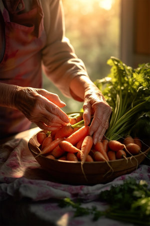 the hands of the farmer carefully put the fresh crop of carrots in the basket. Generative AIの素材