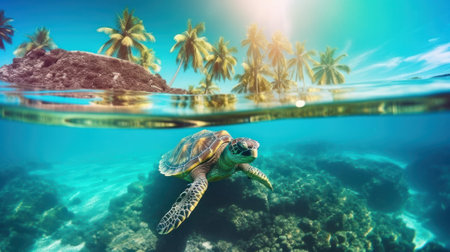 turtle underwater at the foot of Paradise tropical island with palm trees on a sunny day. Generative AIの素材