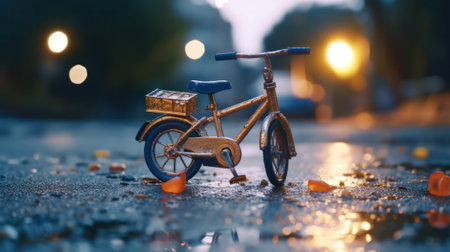 Close-up of a childrens bicycle on a city street. bicycle on the roadway without a child . life insurance and protection concept.Generative AIの素材