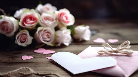 Love letter notebook and pink roses on a wooden table. concept of valentines day or holiday greetings.Generative AIの素材