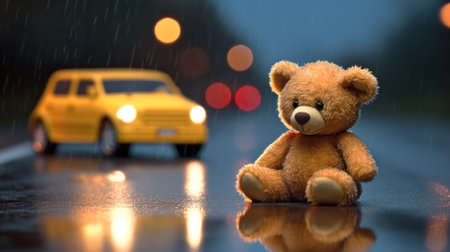 a small teddy bear on a wet slippery road after rain against the background of car headlights. danger on the road.car accident. life and health insurance concept. Generative AIの素材