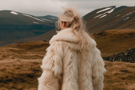 rear view. of a girl in an artificial fur coat against the background of animals in a meadow. the concept of animal protection. Generative AIの素材