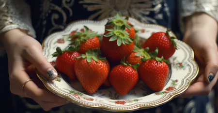 hands holding a plate of strawberries. Generative AIの素材