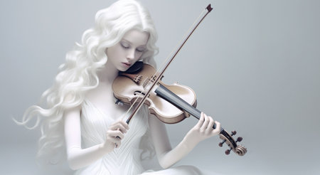 abstract white background with the image of a young woman enjoying playing the violin .Music Day. Generative AIの素材