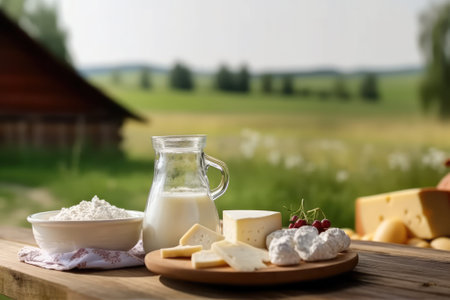 milk and several types of cheese and cottage cheese on a wooden table on a farm against a field. dairy farm products.Generative AIの素材