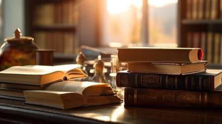 a stack of heaps of academic archive literary text or textbook in an old library on a reading table. Education learning concept. Generative AIの素材