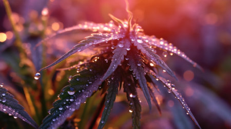 Cannabis leaves with dew drops at dawn, close-up. Generative AIの素材