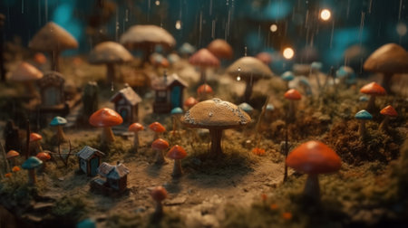 Dreamy magical fairy village under colored mushrooms at dusk in a rainy. Generative AIの素材