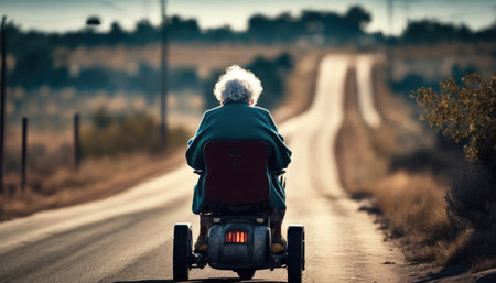 a disabled person in a motorized wheelchair rides on the road. concept of support for people with disabilities. generative AIの素材