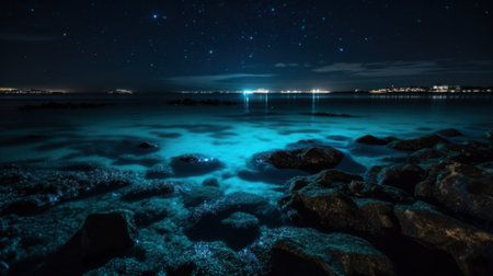 Photo of the blue sea at night, fabulous neon glow from under the water. Generative AIの素材