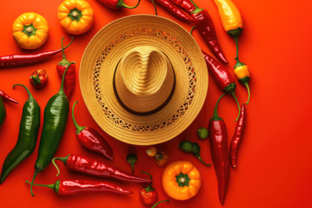 wide-brimmed straw hat with hot chili pepper On a bright colored background. Generative AIの素材