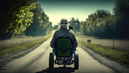 a disabled person in a motorized wheelchair rides on the road. concept of support for people with disabilities. generative AIの素材