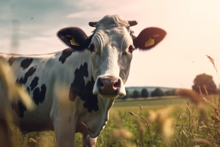 close-up cow graze in the meadow.Generative AIの素材