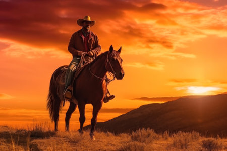 cowboy silhouette at sunset.wild west landscape. Generative AIの素材
