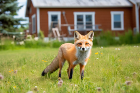 a fox in search of food wanders around the farm near the chicken coop. Generative AIの素材